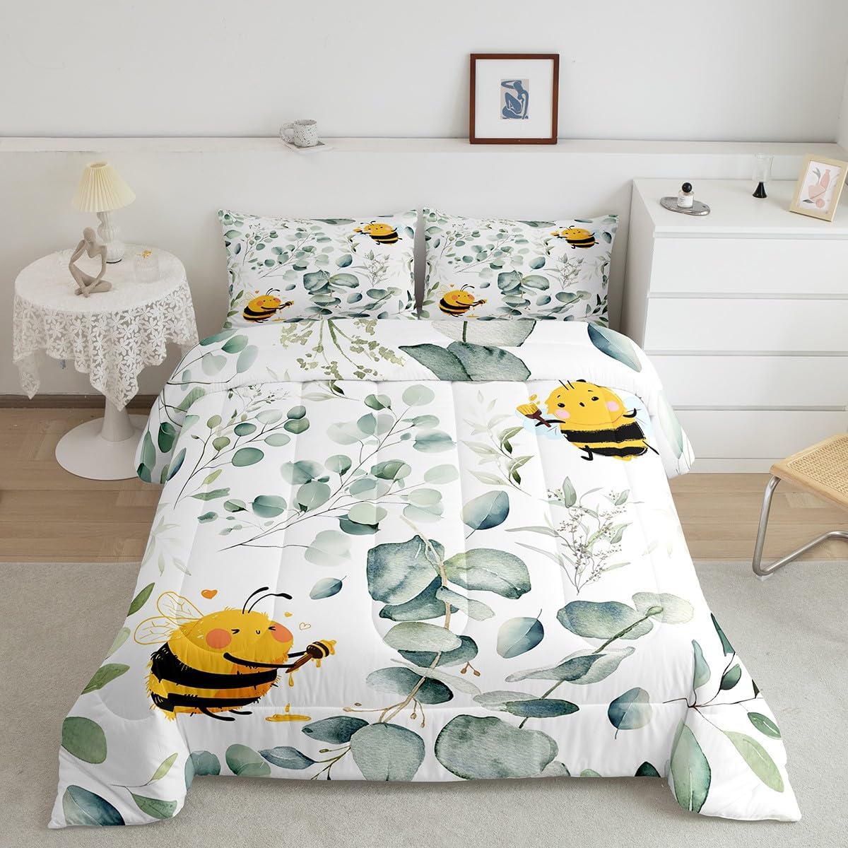 Erosebridal Boys Cartoon Wildlife Toddler Size Comforter Set for Kids Toddler Kawaii Bee Bedding Set, Honey Bee Down Comforter Wild Animal Bed Set, Botanical Green Eucalyptus Quilted Duvet