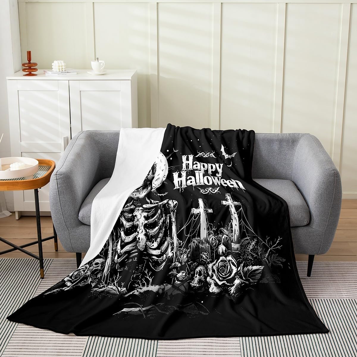 Castle Fairy Sugar Skull Throw Blanket Twin Size Gothic Rose Flowers Fleece Blanket Room Decor Happy Halloween Theme Blanket for Sofa Couch White Spider Web Fuzzy Blanket for Kids Teens
