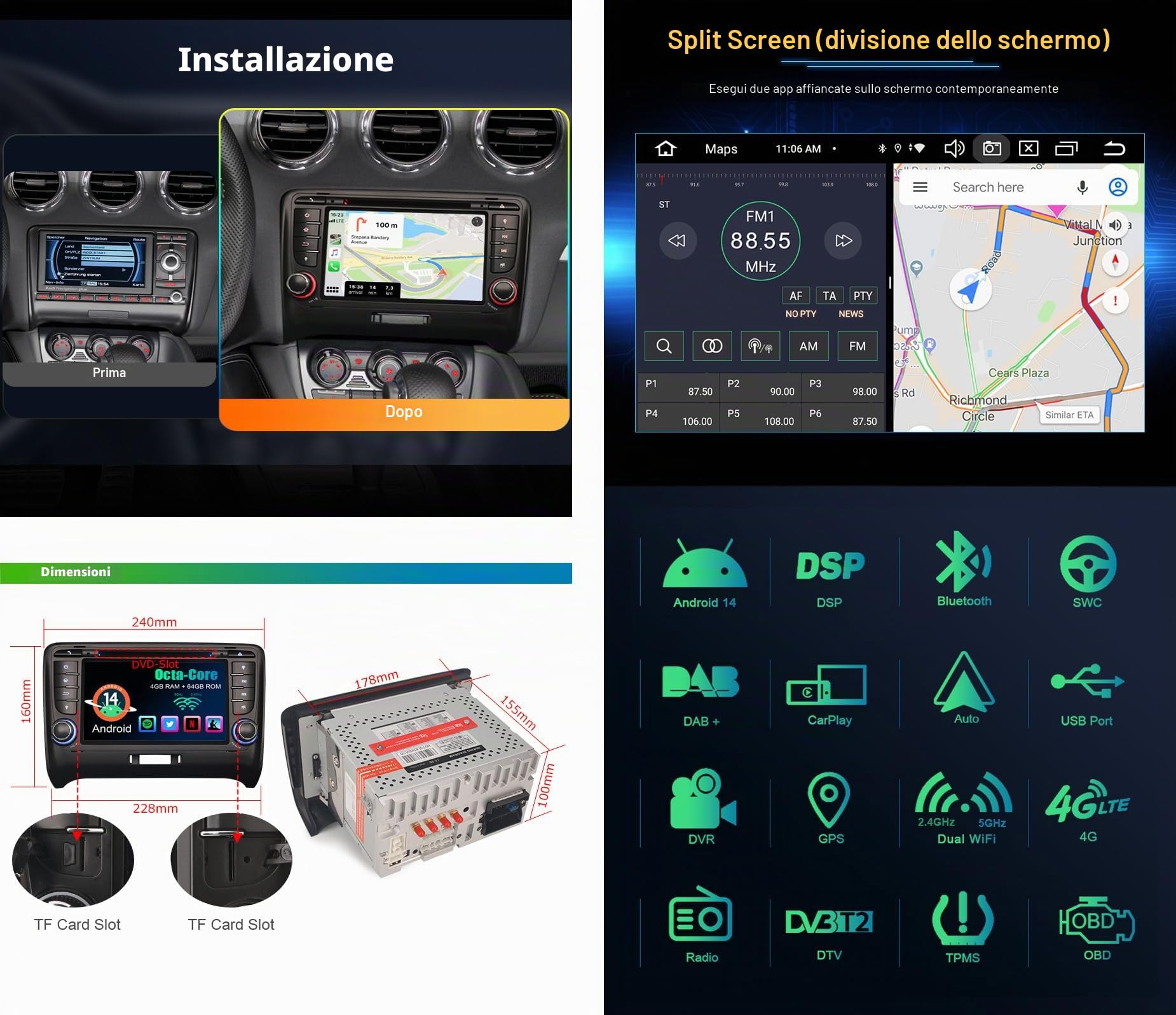 Erisin 8-Core 4GB RAM+64GB ROM Android 14 Autoradio per AUDI TT MK2 7 pollici Schermo Tattile Supporta GPS Navigatore DVD Senza fili CarPlay Android Auto DAB+ Bluetooth OBD2 TPMS SWC RDS Radio