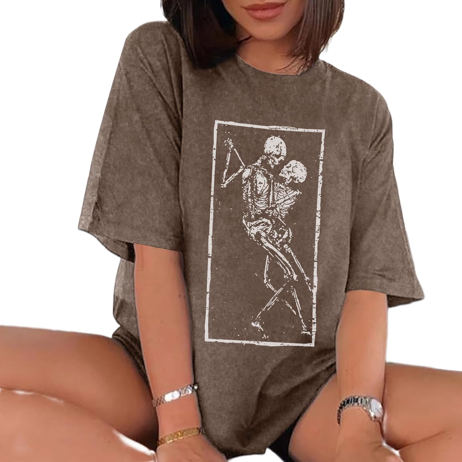 Oversized Graphic Tees for Women Black Vintage Skeleton Skull Shirts Cotton Baggy Crew Neck T Shirt Grunge Loose Tops - Image 2