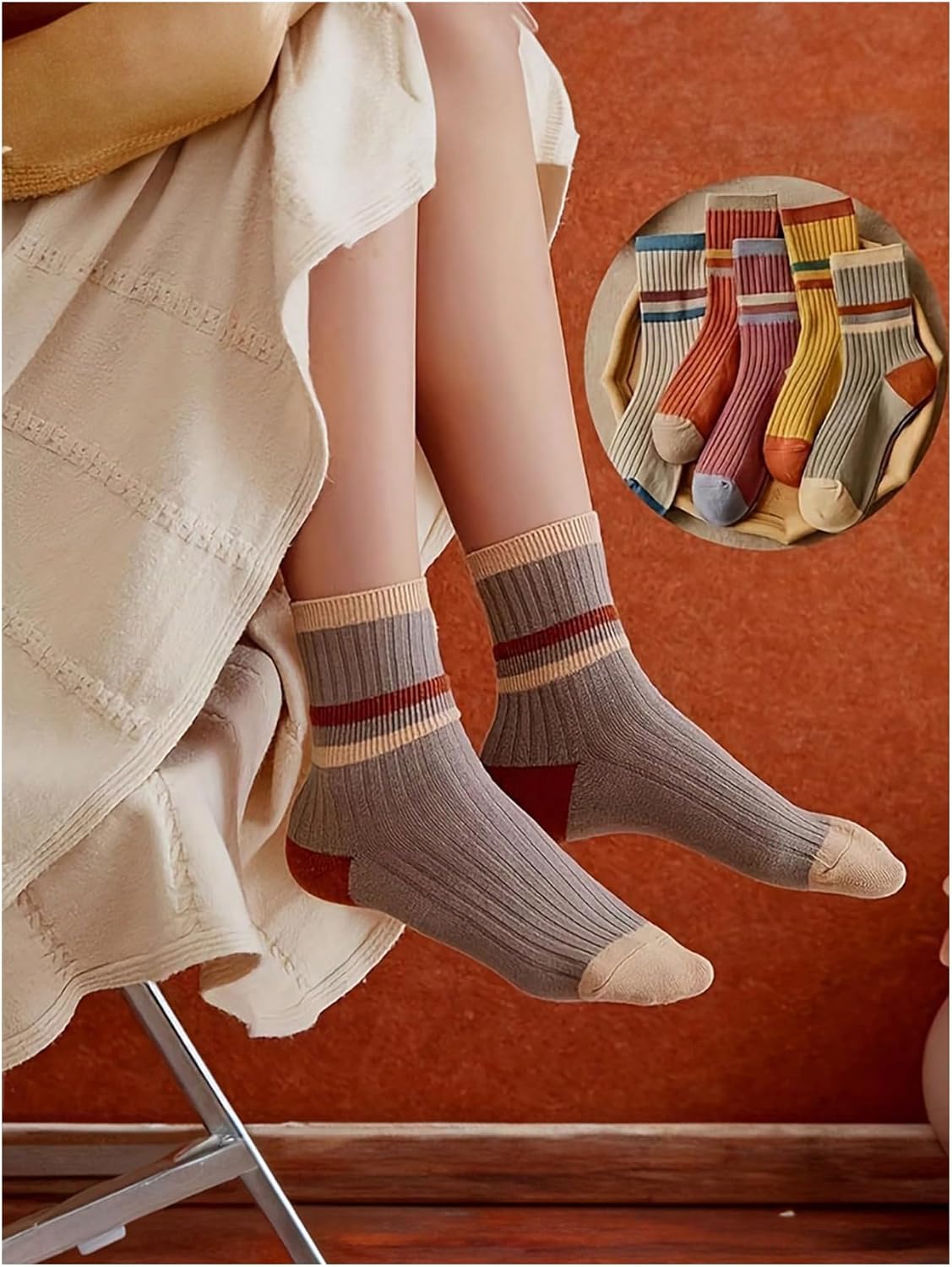 OYOANGLE Women's 5 Pair Color Block Striped Winter Crew Socks Fall Cute Socks Comfy Daily Wear Knitted Sock - Image 2