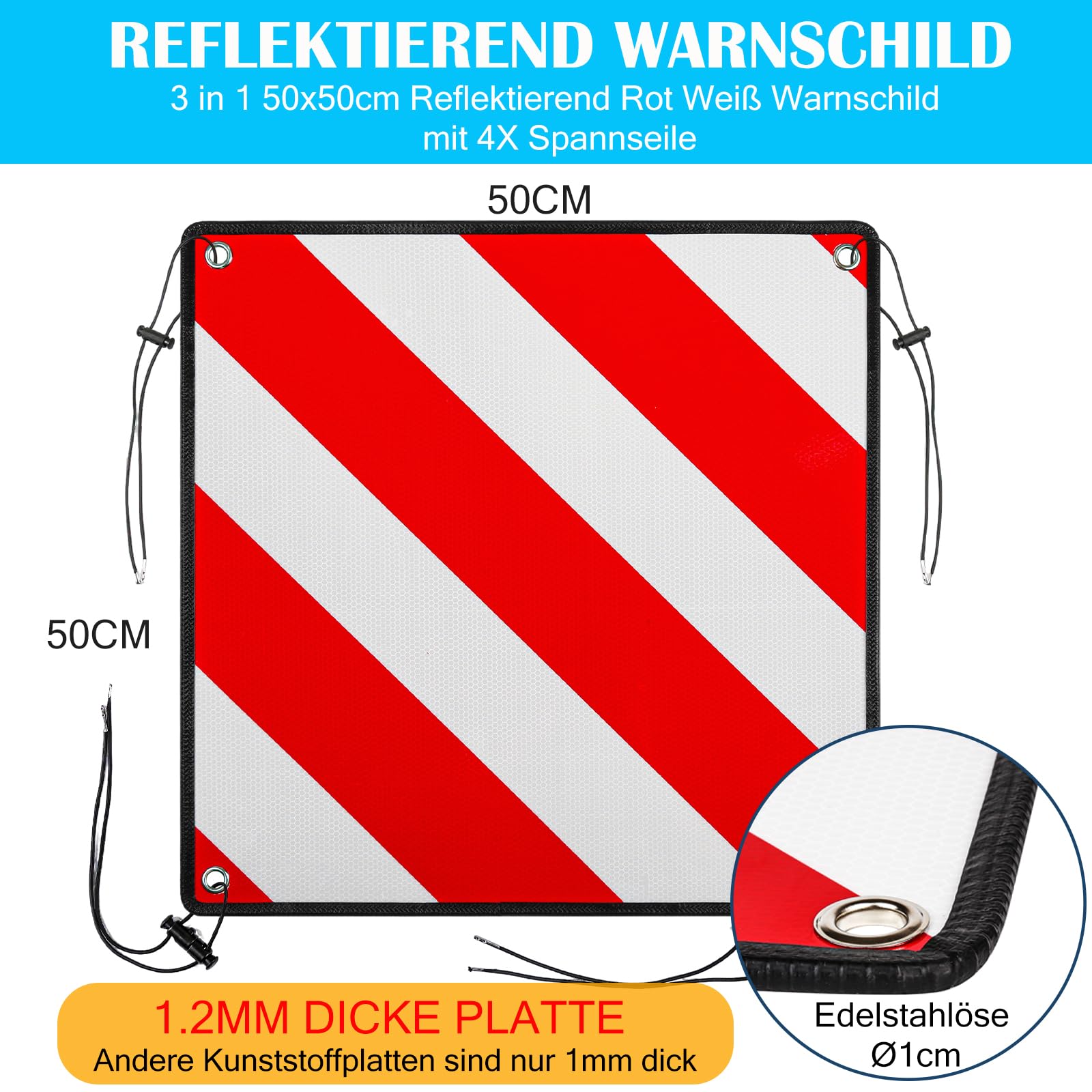 2 Stück Alu Warntafel für Italien Spanien Portugal, 3 In 1 Reflektierend Warnschild 50x50CM mit Spannseile & Eckenschützer, Zertifizierte für Fahrradträger Heckträger Anhänger Auto Wohnmobil