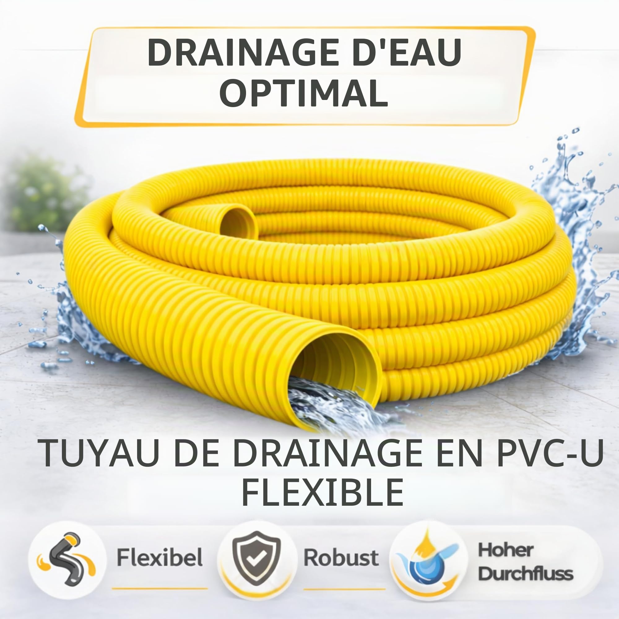 Tuyau de drainage DN50 20 m flexible et perforé – Tuyau en PVC ondulé et fendu – Protège contre l'eau stagnante dans le jardin et sur les fondations