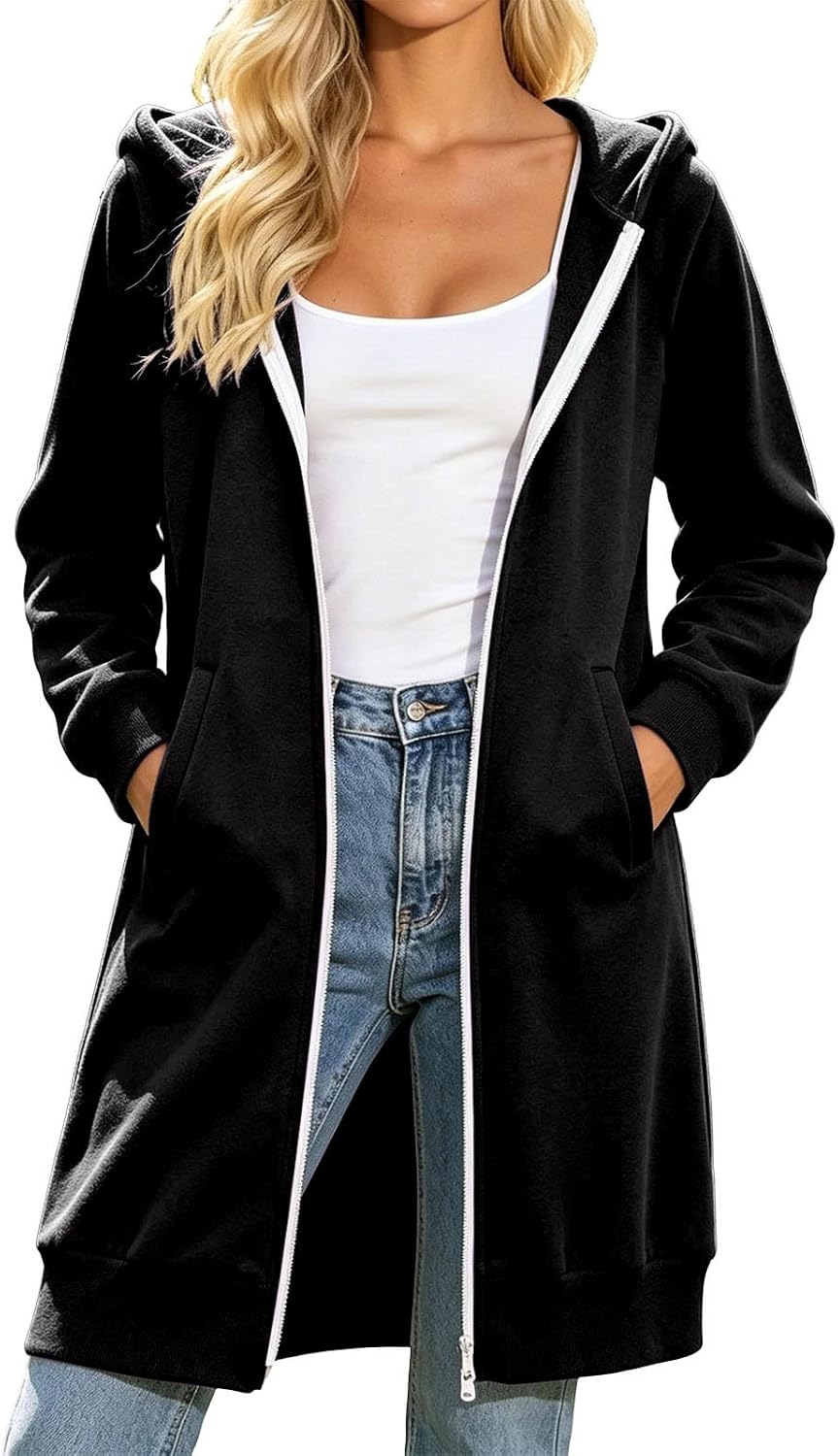 Generisch Long Hooded Coat in Plus Size with Front Pockets Cosy Casual Cardigan for Everyday Winter Women's Plus Size Coat