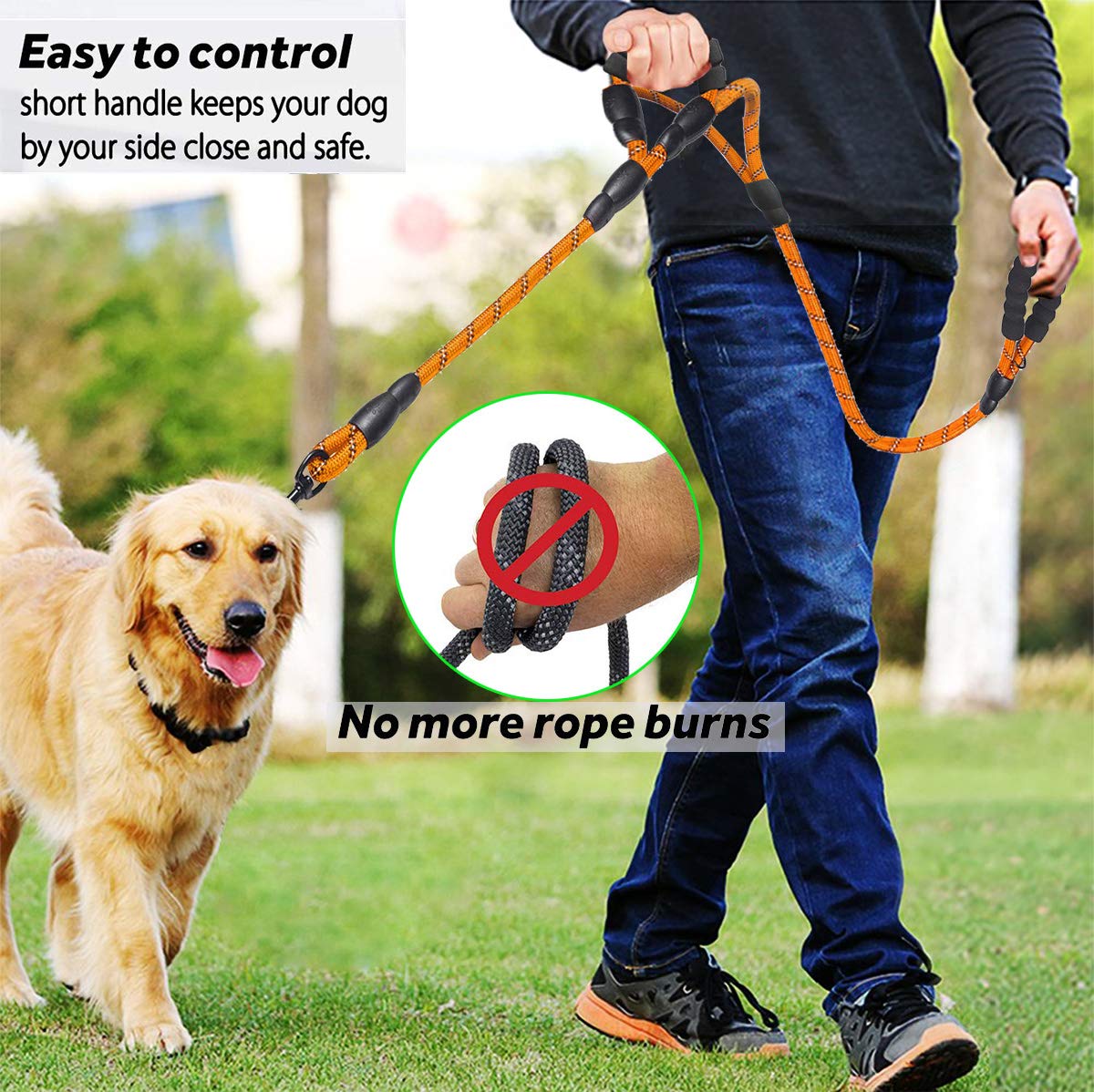 JSXD Correa resistente de doble asa para perro, 5 pies con cómoda cuerda acolchada y reflectante para perros pequeños, medianos y grandes (cuerda naranja)