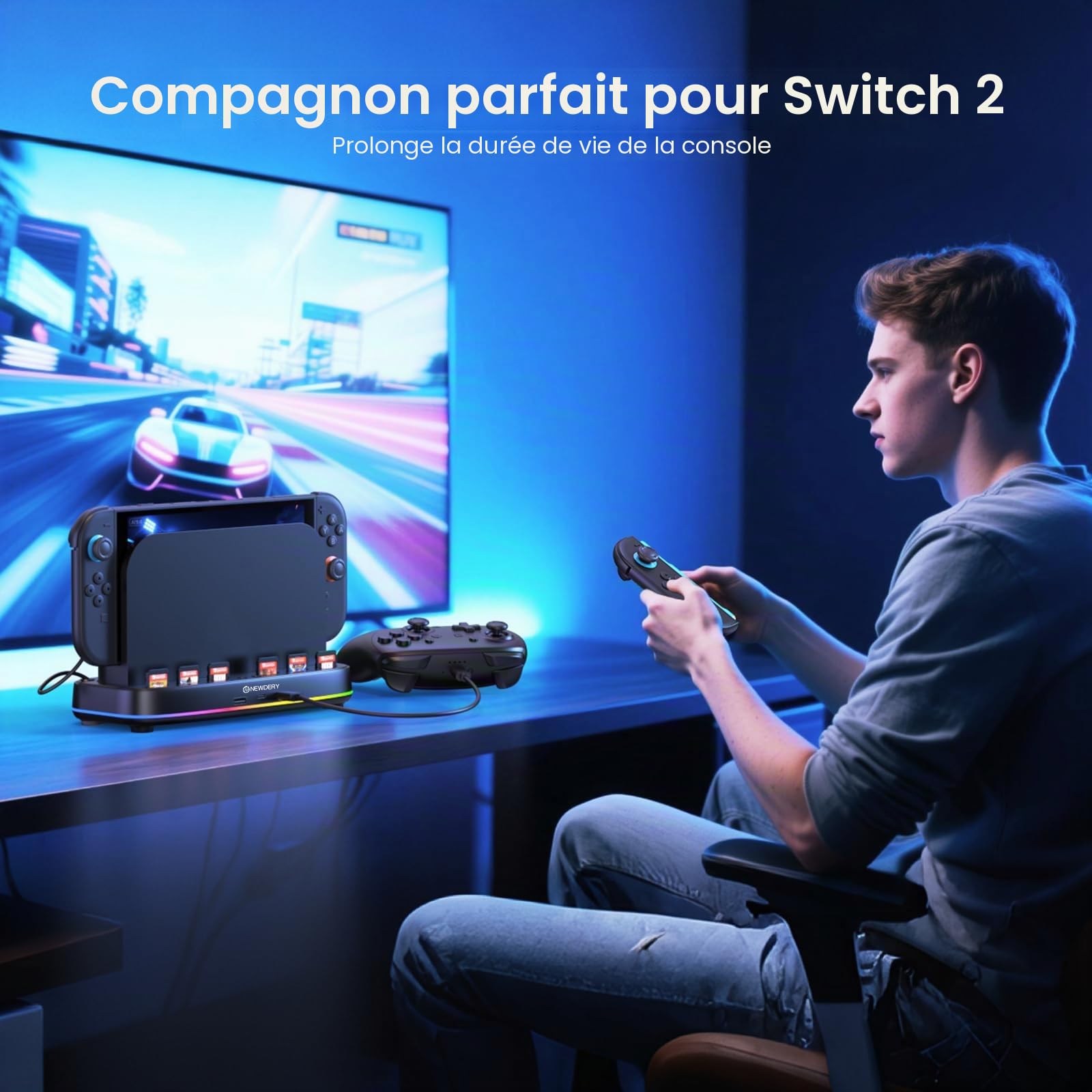 NEWDERY Ventilateur de refroidissement pour Nintendo Switch 2 Dock avec double ventilateur, 3 vitesses réglables, mode RVB, 6 emplacements pour cartes et 3 ports USB