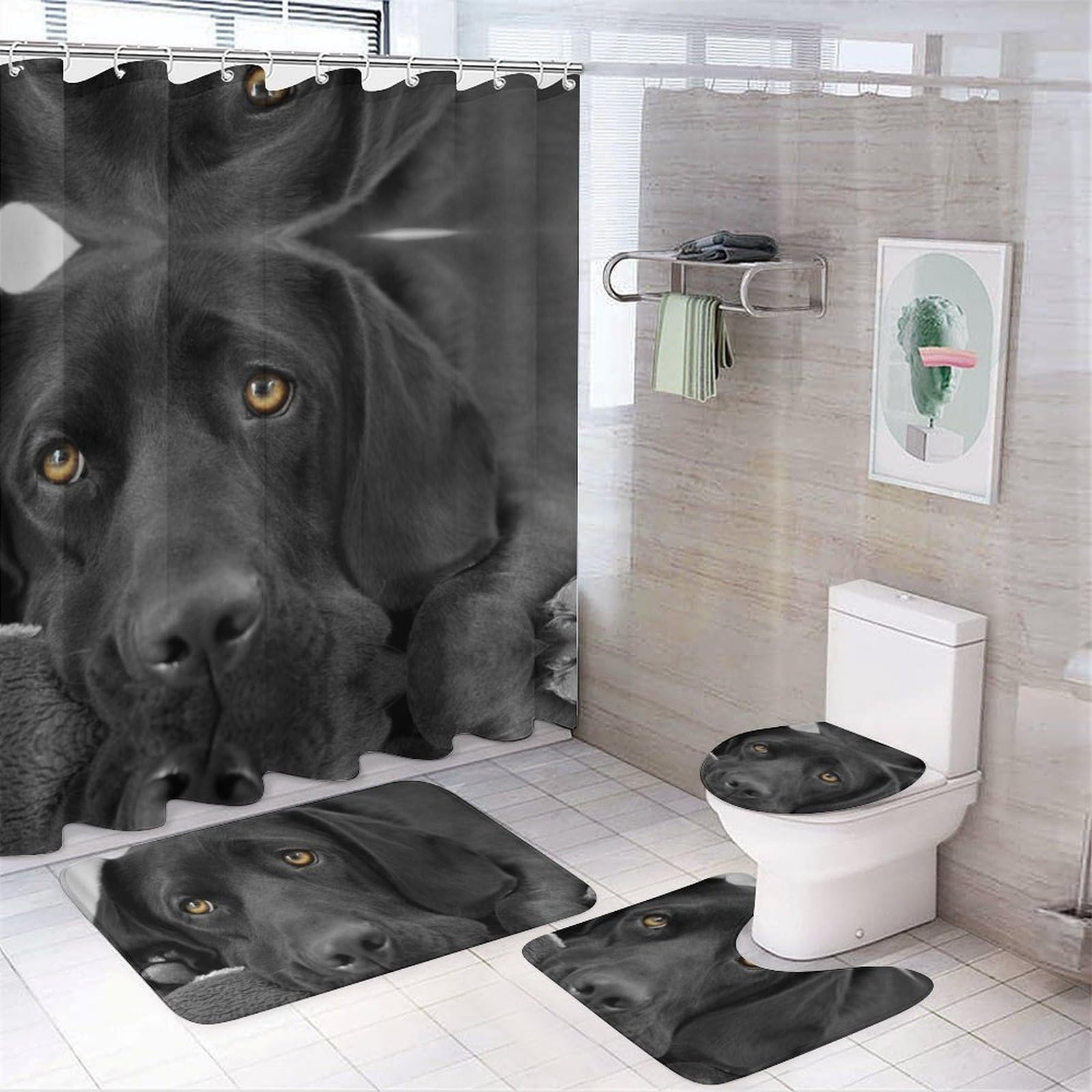 JZemdybill Bathroom Mat Set 4 Piece, Black Labrador Dog Shower Curtain with Non-Slip Bath Mats for Bathroom