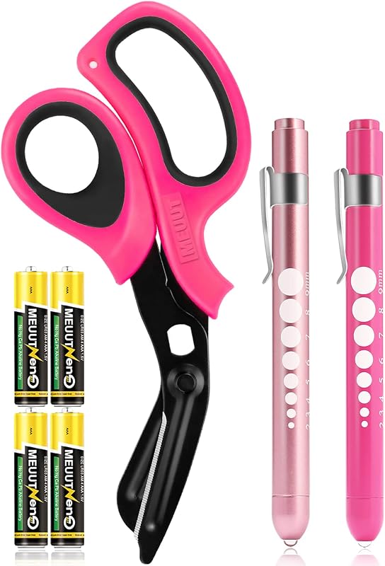 MEUUT 3 Pack Medical Scissors and PenLights with 4 AAA Batteries for Nurses | Medical Penlights, Pupil Gauge, 5cm Ruler, Pocket Clip, Patented Trauma Shears, Ergonomic Soft Grip, 7.8 " Bandage Scissors