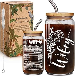 Wife Nutrition Facts Mother 16oz Can Glass Cup with Lids & Straws Gifts for Wife from Husband, Wedding Anniversary Birthday Engagement Gifts for Bride Women, Romantic Wifey Love Gift for Her