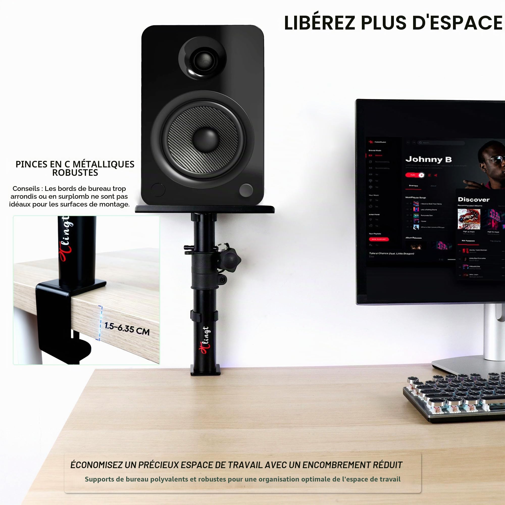 Lot de 2 supports de haut-parleurs de bureau à pince, métal, 17 x 20 cm, inclinaison -10 ° à +10 °, idéal pour haut-parleur de moniteur 3-4