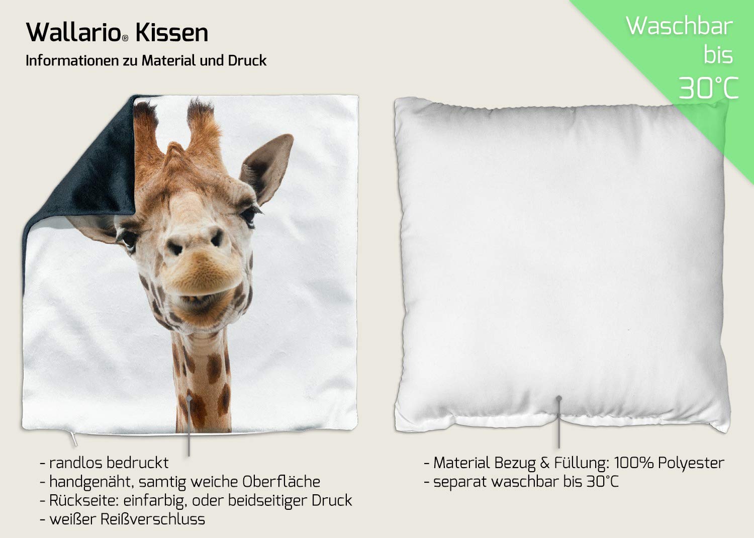 Wallario Dekokissen 30 x 30 cm, Giraffenkopf, beidseitig Bedruckt, Kuschelkissen mit weicher Plüsch-Oberfläche