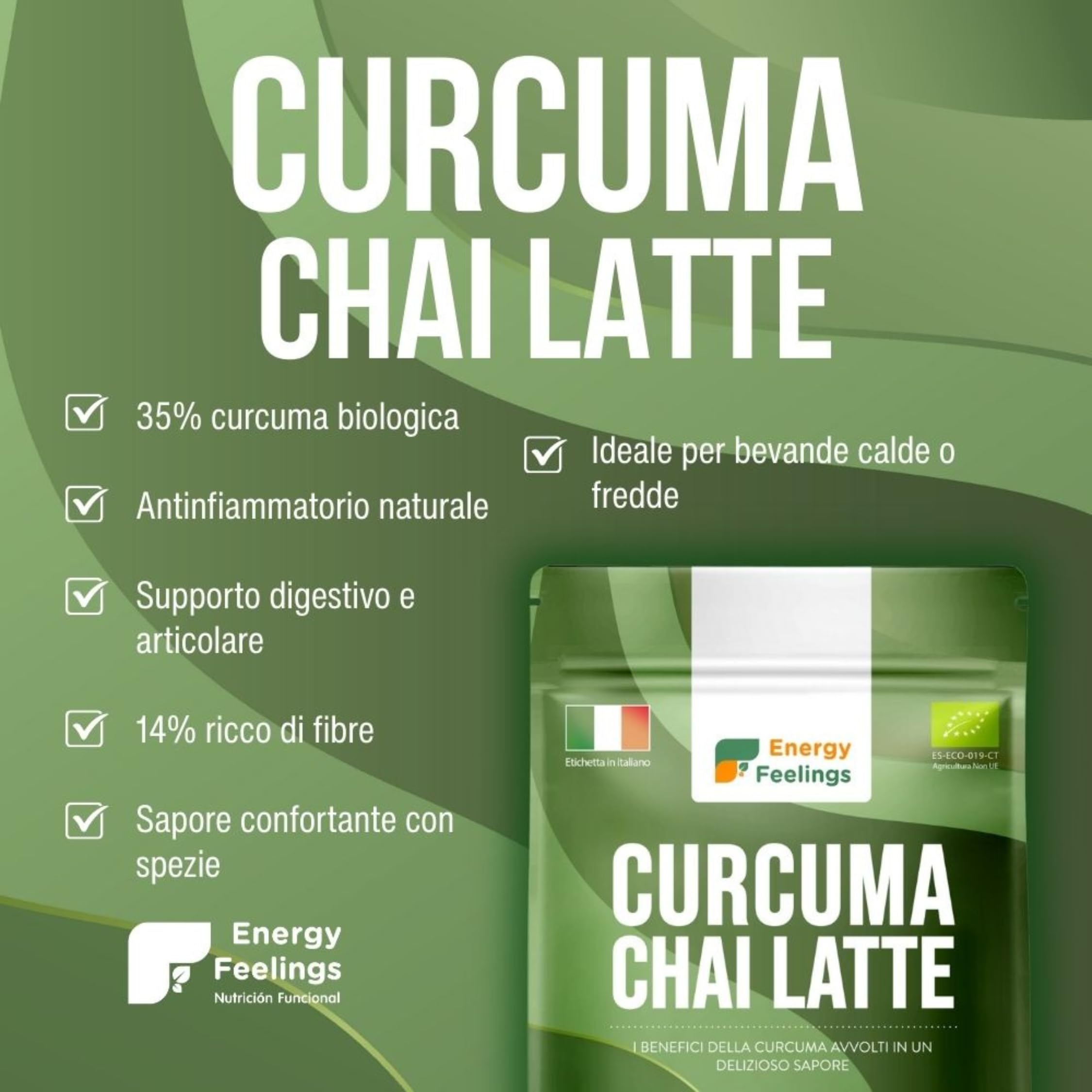 Energy Feelings Curcuma Chai Latte in Polvere BIO 500g,Golden Milk, Latte Dorato. Antiossidante e Antinfiammatorio Naturale. Curcuma con Zenzero Pepe Nero e Cannella, Senza Glutine, Vegano