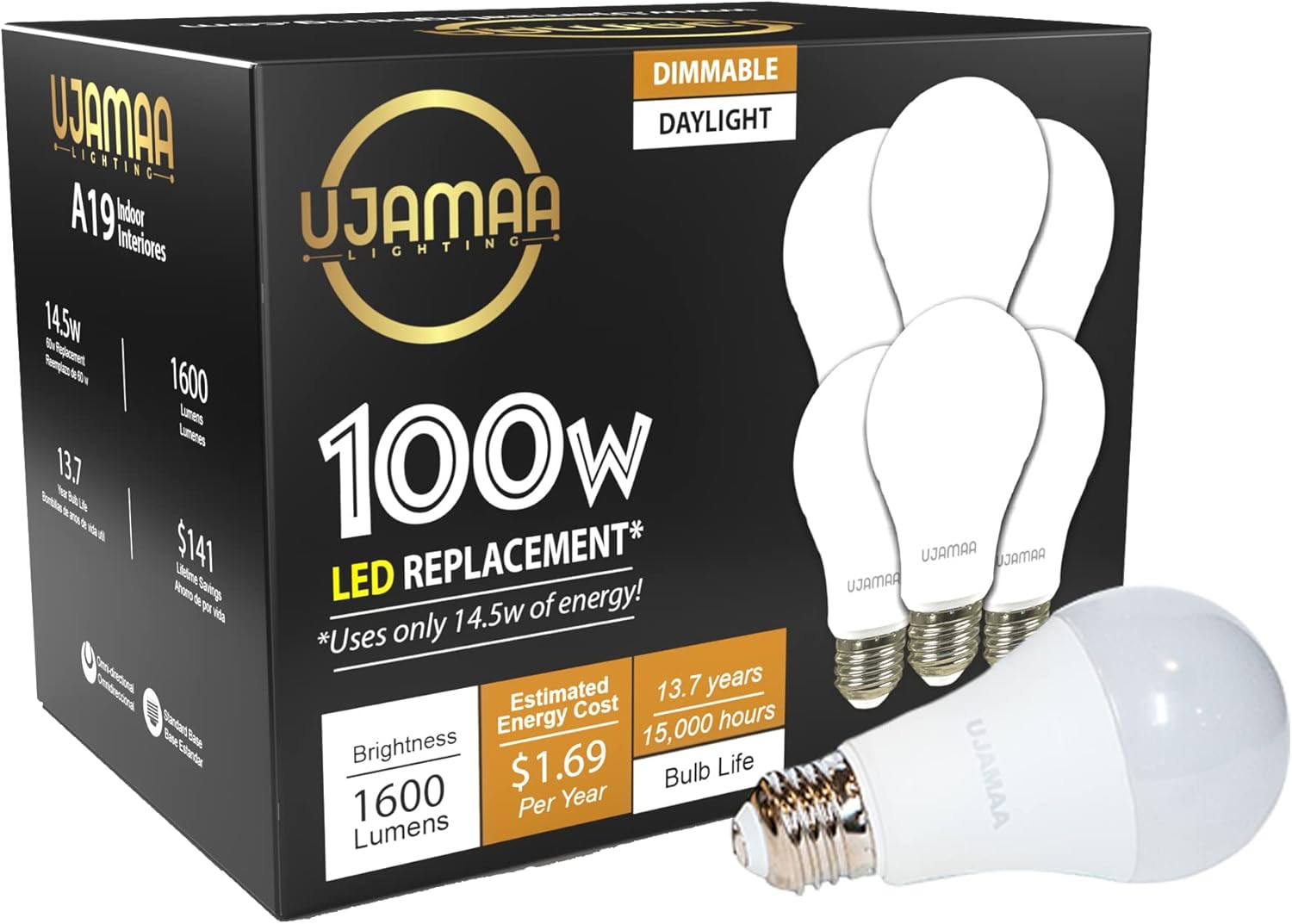 Ujamaa Dimmable 100w Equivalent 14.5w, A19 E26 Standard Base, 5000K Daylight White, 1600 Lumens, 13.5 Year, 15000 Hour Lifetime, Pack of 6 Bulbs