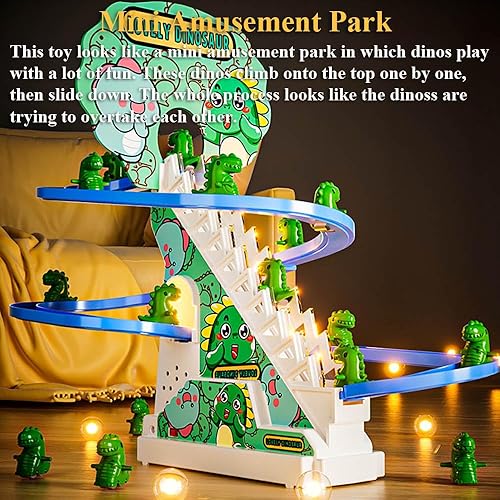 Miniatura 6 de Juego de juguetes de diapositivas de dinosaurio, divertido juguete de dinosaurio escalera mecánica de dinosaurio automático para subir escaleras