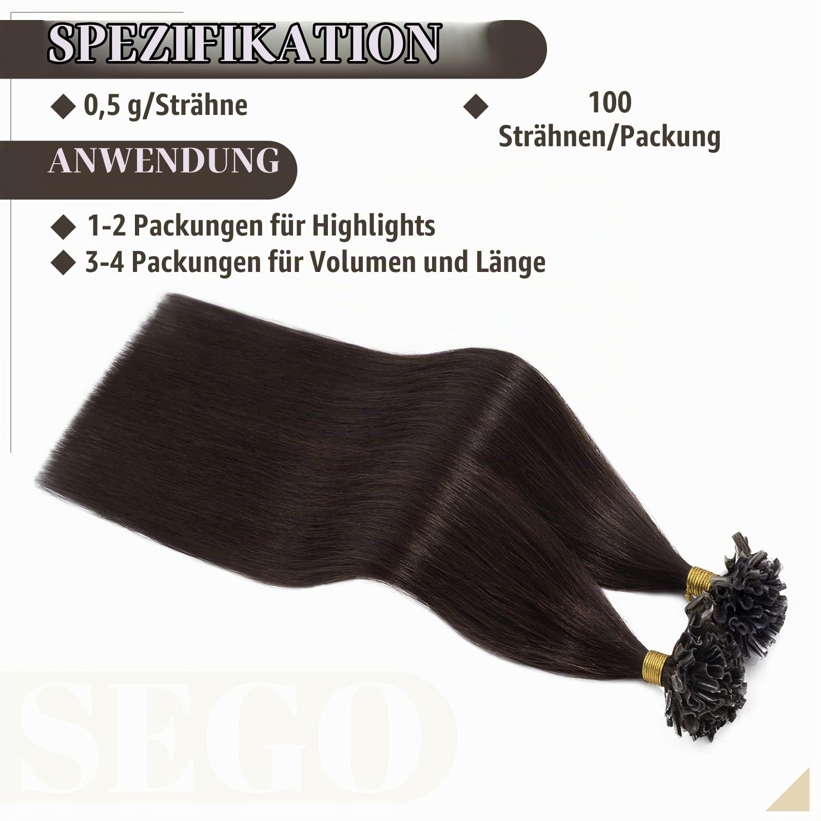 SEGO Extensions Echthaar Bondings Haarverlängerung Keratin U-Tip Human Hair 100 Strähnen Dunkelbraun#2 24"(61cm)-50g