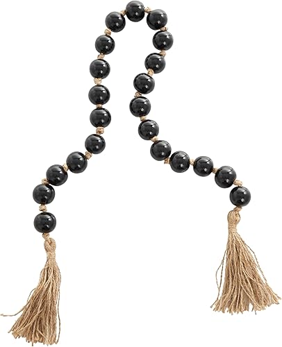 Miniatura 8 de Deco 79 Guirnalda redonda de cuentas de vidrio hecha a mano con borla con yute marrón anudado, 45 x 1 x 1 pulgada, color negro