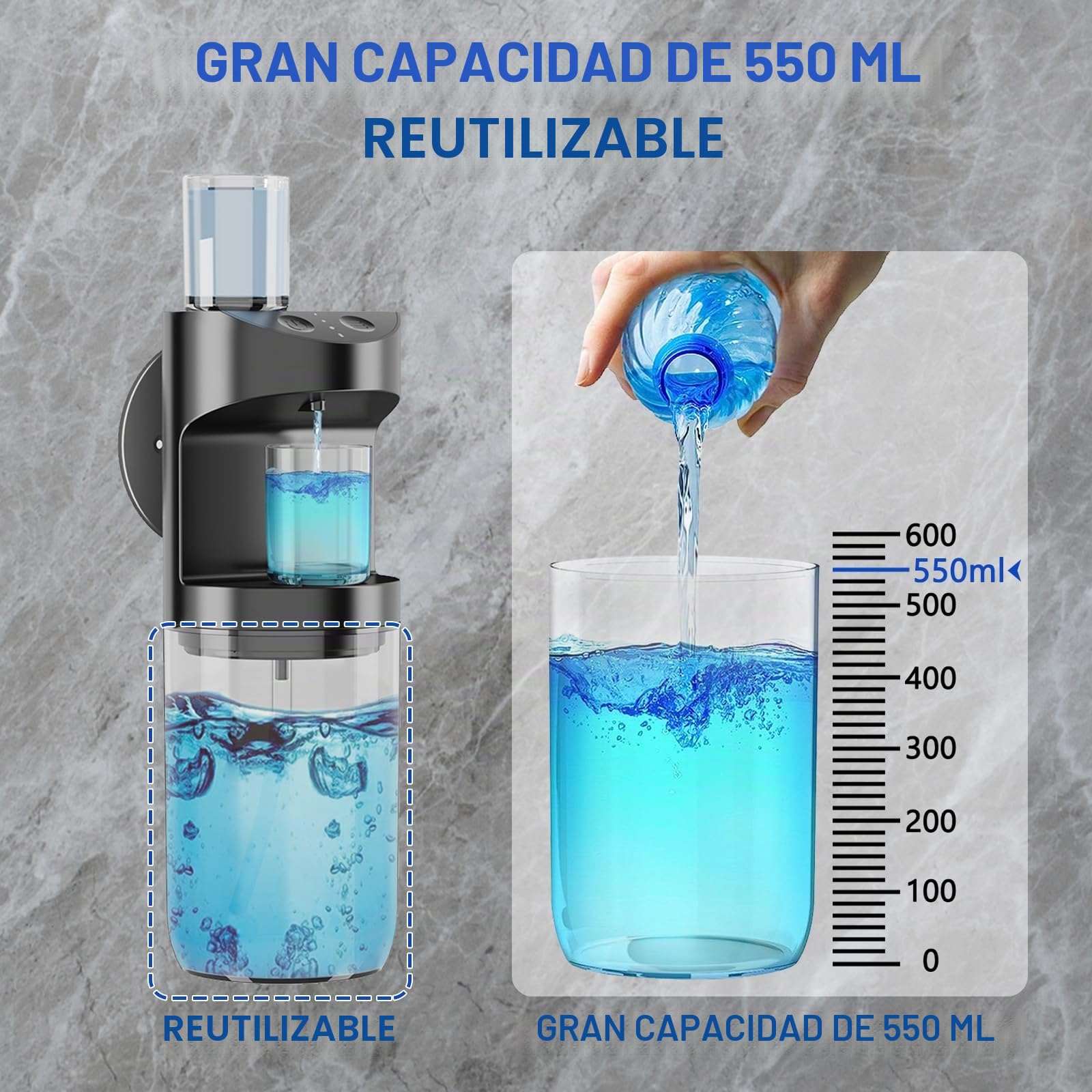 Dispensador de Enjuague Bucal Baño,550ML Automático Dosificador de Enjuague Bucal,USB Recargable Dispensador Jabon con 2 Magnéticos Vasos Plastico,para Adultos y Niños,Negro