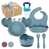 Divergiana - Vajilla bebé silicona 7 piezas - Plato bebé con ventosa - Platos bebé - Chupete fruta-Bol con ventosa - Babero silicona - Cubiertos bebé - Vajilla infantil ideal para regalo - Baby led weaning