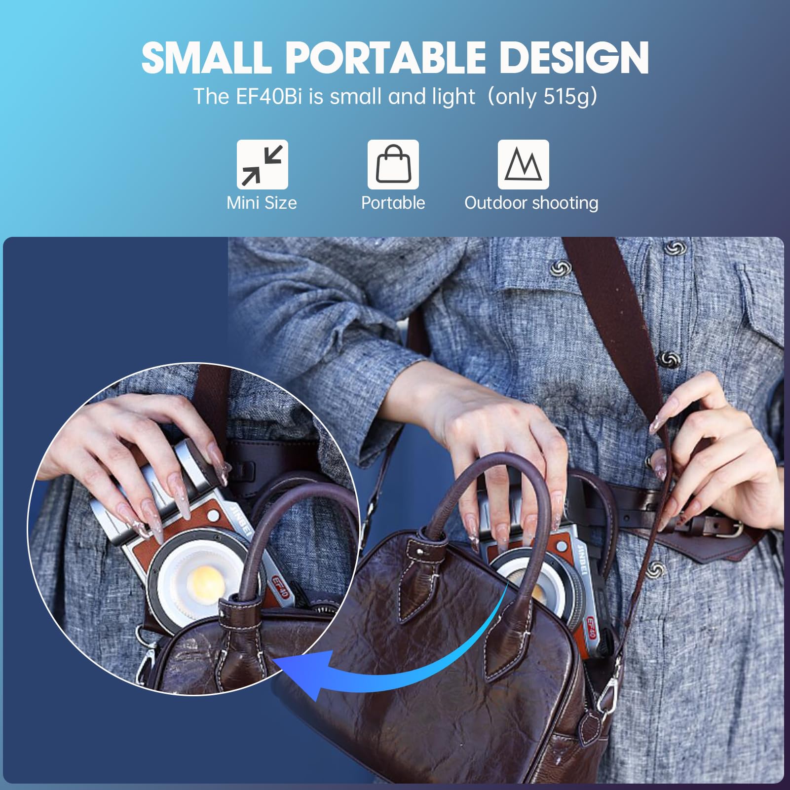 Lámpara de vídeo LED portátil de 40 W con batería integrada 2400 mAh lente ajustable App Control Ra>96 + Bi-Temperature COB Continuous Output Lighting 2700 K-6500 K