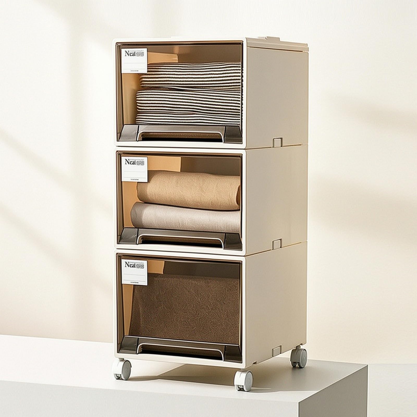 KESOTO Armario de Almacenamiento Modular Organizador Cómoda Estantería Cajonera Frente Transparente para Revisar Contenido, Transparente Albaricoque, Profundidad 53 Ancho 44 Alto 93.3cm