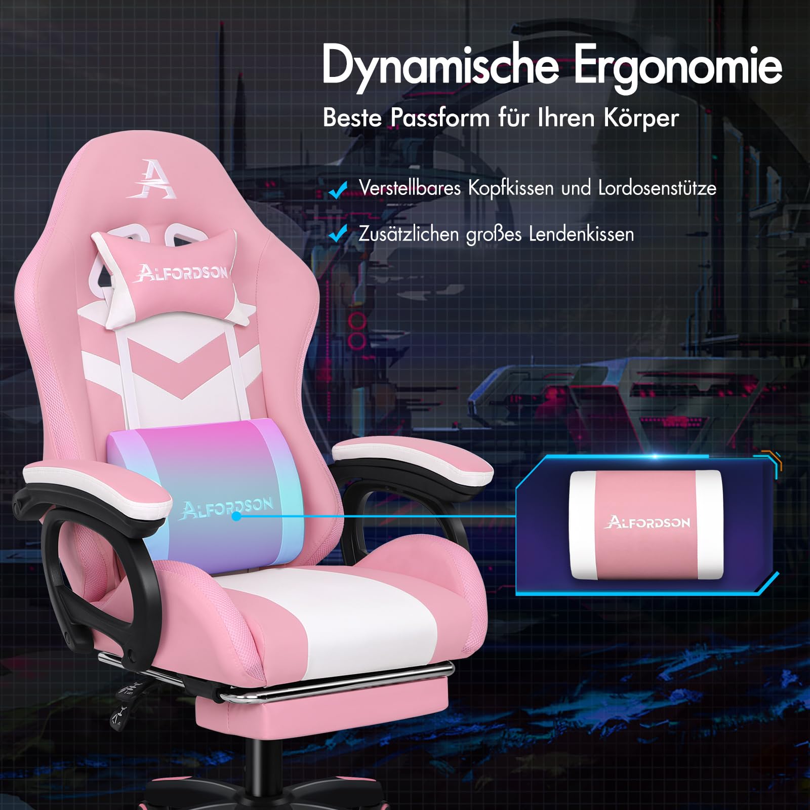 ALFORDSON Racing Gaming Chair, Massage Gamer Chair met 12 LED-kleuren, RGB-verlichting, Ergonomische stoel met lendensteun, Ligstoel met voetensteun, Stof, Blauw & Wit