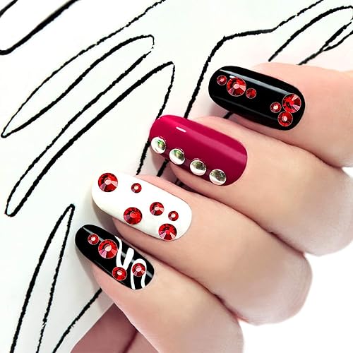 Miniatura 8 de WOKOTO 2 cajas de diamantes de imitación rojos y negros con parte trasera plana para uñas, diamantes de imitación rojos y gemas, cristales rojos