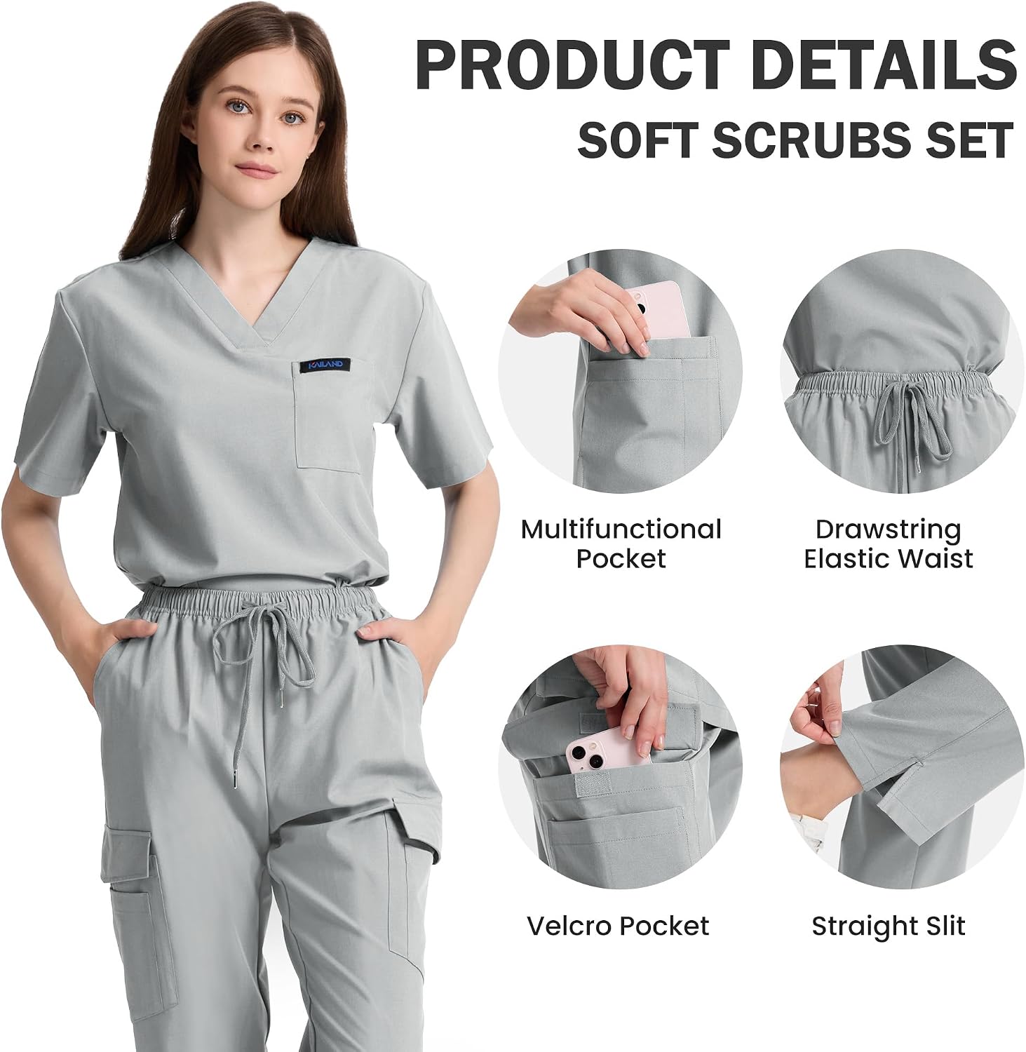 Scrubs for Women Stretch V-Neck Scrub Top & Straight Leg Pants Medical Uniform with 12 Pockets