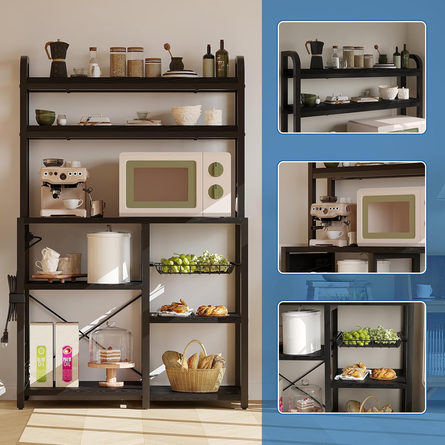 Bakers Rack with Power Outlet - 6-Tier Kitchen Storage Rack with Hutch, Large Storage Capacity, Industrial Microwave Stand, Coffee Bar with Wire Drawer, Sturdy and Durable Frame