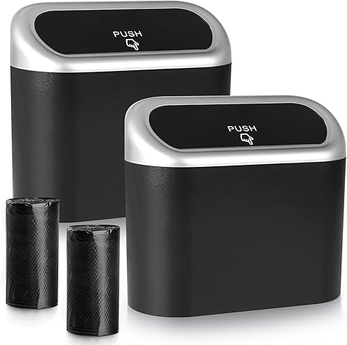 Accmor - Paquete de 2 mini botes de basura con tapa para automóvil, organizador pequeño de basura con bolsa de basura, para colgar, a prueba de
