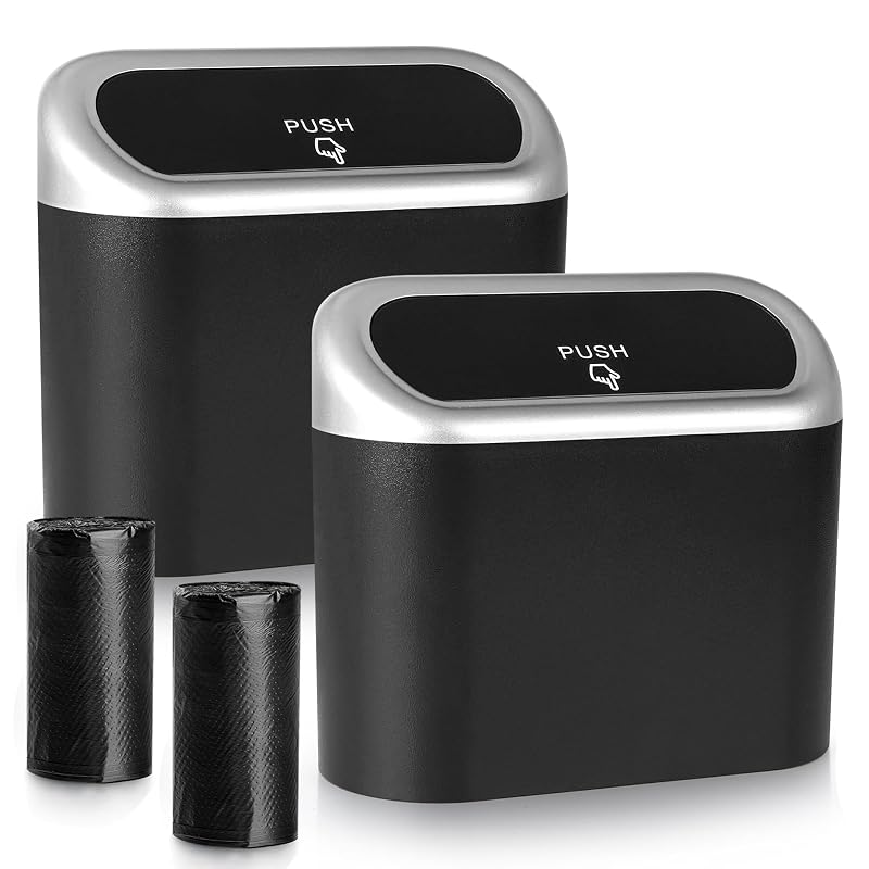 Accmor Lixeira Automotiva Compacta com Tampa e Suporte para Sacola, Plástico, Preta com Tampa Prateada, Kit com 2