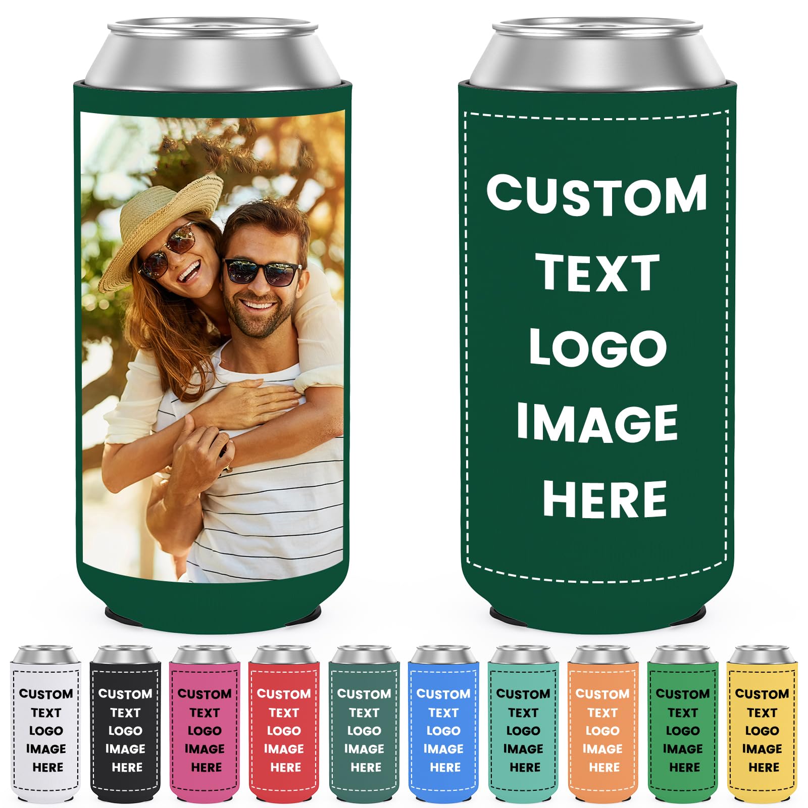 100 Pack Custom Slim Can Cooler Bulk Insulated Neoprene Beer Can Sleeves Personalized Drink Holder with Logo Photo Text for Anniversary Wedding Birthday Party, Blackish Green