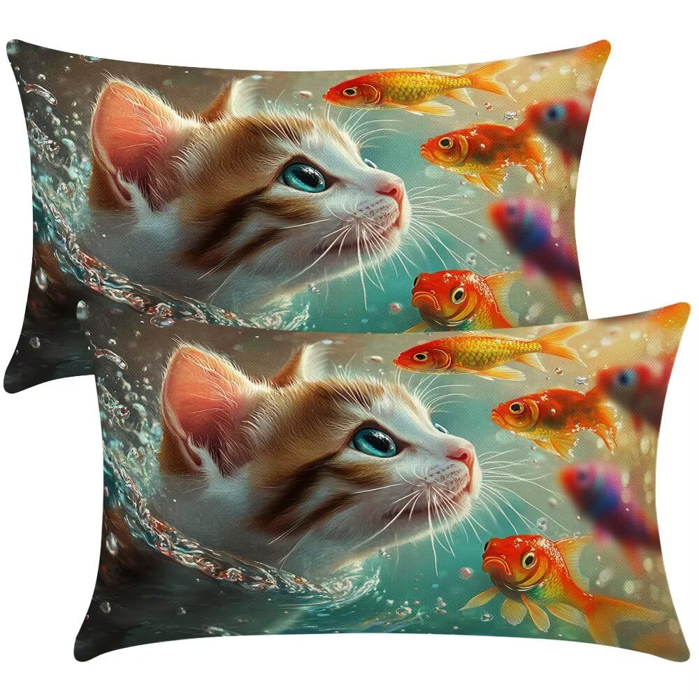 Cushion Covers 40cm x 70cm Koi Cushion Cover 16 x 28 Inches Pack of 2 Throw Pillow Covers Kitten Sofa Cushions Polyester Linen Decorative Pillowcases for Couch Living Room Bedroom Home Decor -SC379