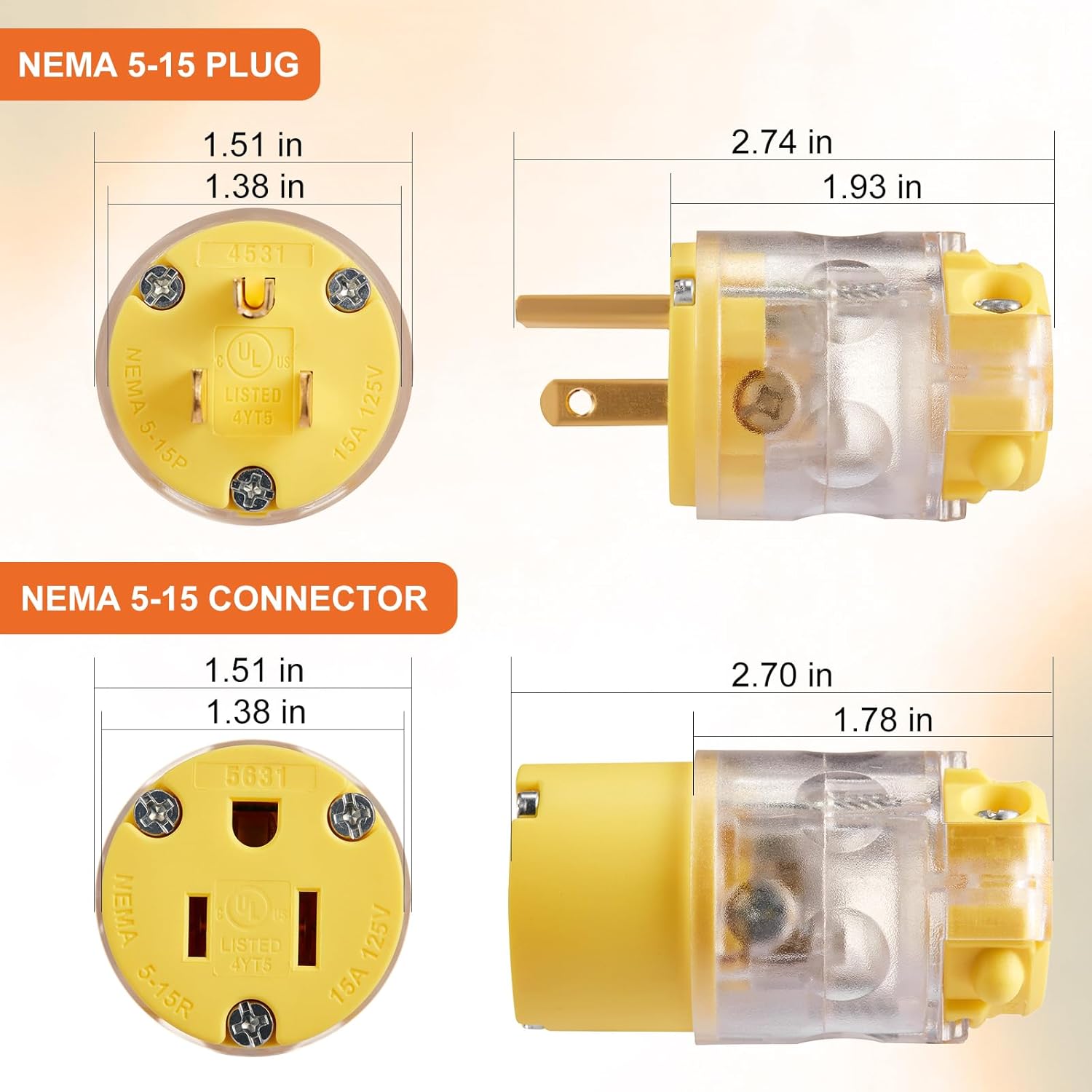 Lighted Extension Cord Replacement Ends 4 Set, 15 Amp 125 Volt NEMA 5-15 Heavy Duty Plug and Connector Set, Industrial Grade 3-Prong Straight Blade Grounding Type, 2P 3W UL Listed