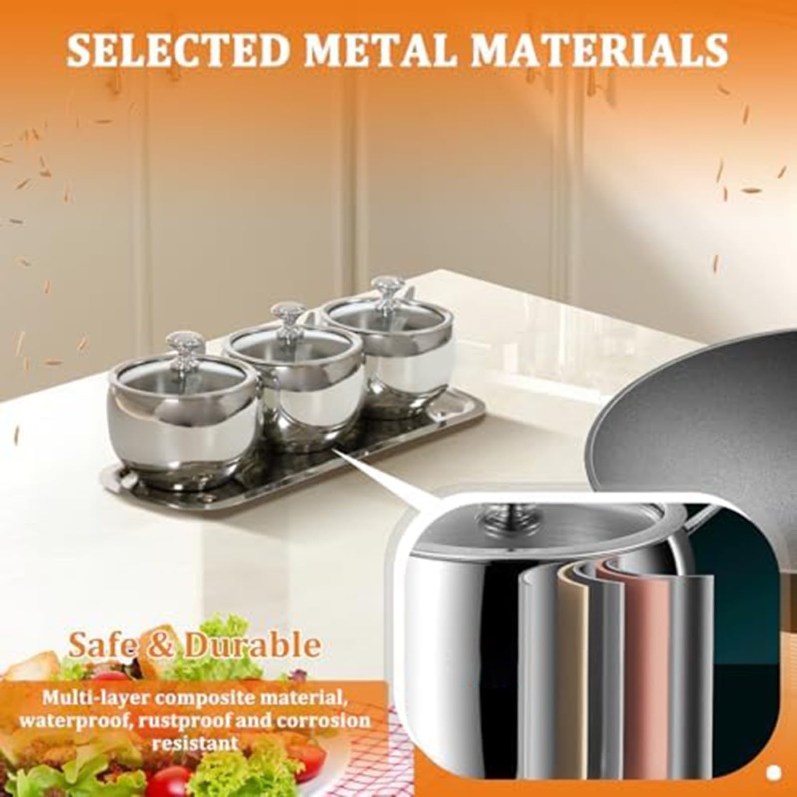 Zuckerdosen-Set aus Edelstahl mit Löffel und Tablett, 3 Fächer, Gewürz-Organizer für Salz und Gewürze, 300 ml, Küchenbehälter, Silber (drei)