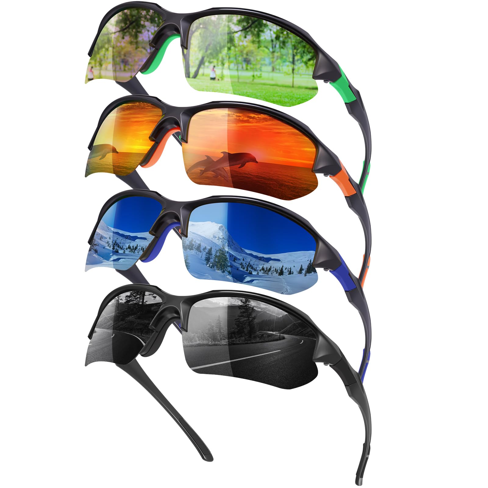 4 Pack Polarized Sports Sunglasses for Men Women, UV Protection Lightweight Half Frame Sun Glasses for Outdoor
