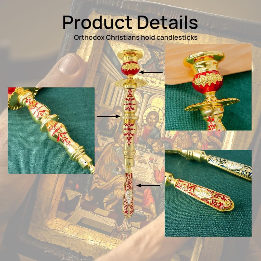 Orthodox Handheld Candle Holder, Gold Plated Enamel Byzantine Style, Christian Religious Ritual Candlestick for Church Worship (Blue)