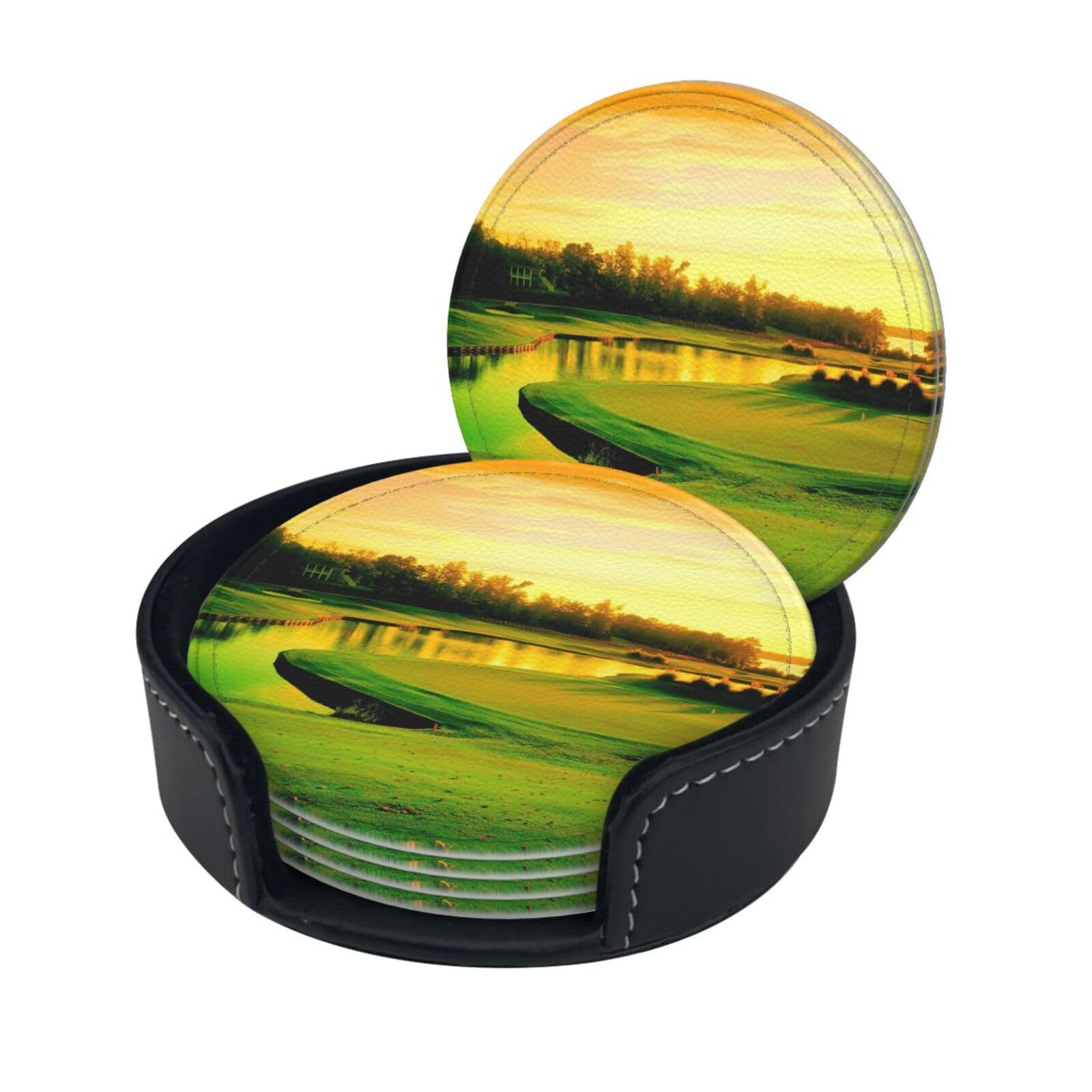 Wquvmds White Golf Course Print Coasters For Drinks With Holder Set Of 6, Pu Leather Coasters Drink Coasters Cup Pad Mats