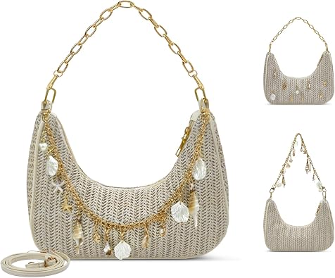 Beach Purse Straw Shoulder Bag for Women, Summer Purse with Shell Pearl Bag Charms & 2Pcs Detachable Strap Chain