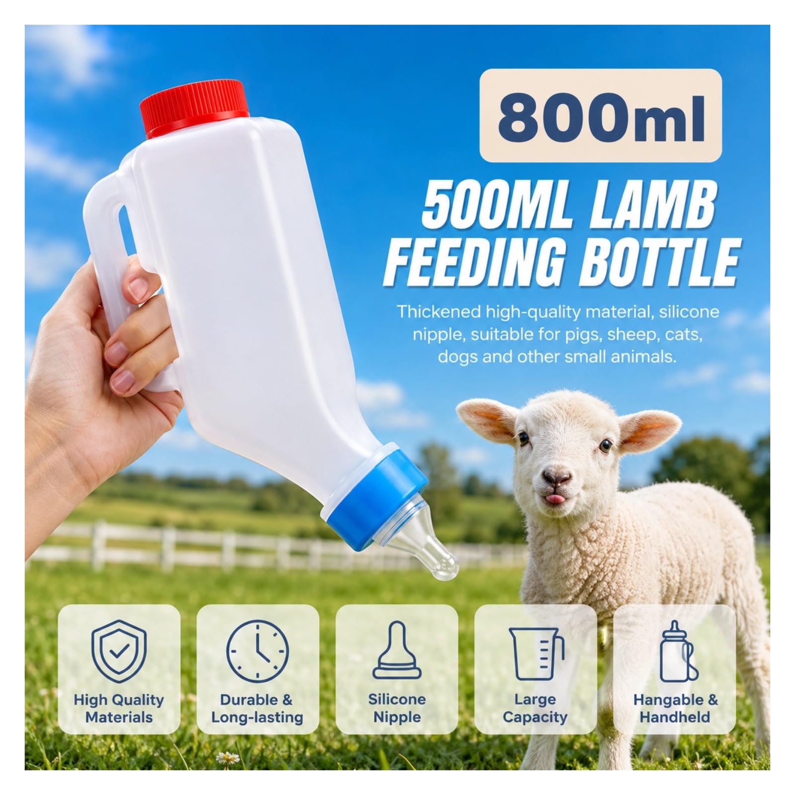 5 Stück 500 ml Lamm-Futterflasche, verdickte Ziegenmilch-Futterflaschen, zum Aufhängen auf dem Kopf stehend, Milchflasche mit Schnuller, Hänge-Griff für Ziege, Lamm, Rehkitz, nigerianische