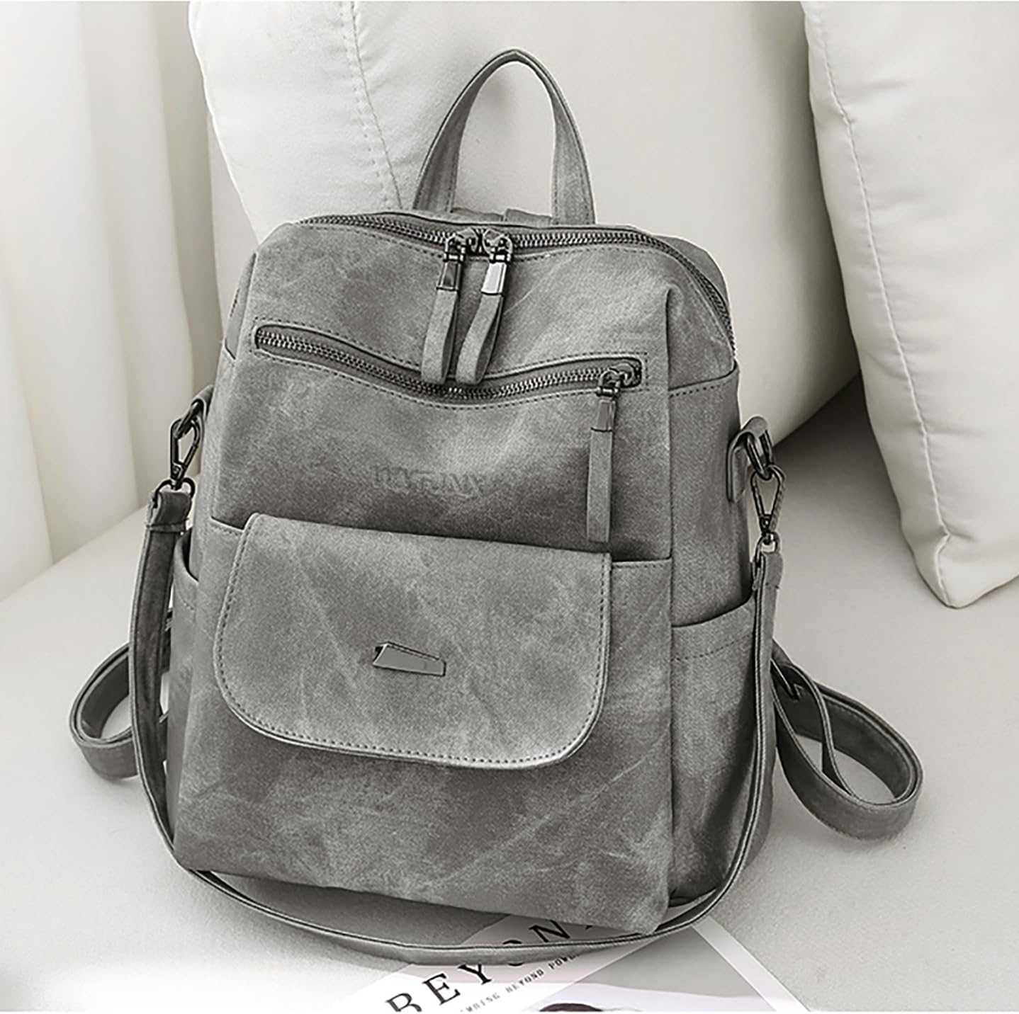 PU Leather Backpack Purse for Women Fashion Multipurpose Design Handbag Ladies Shoulder Bags Travel Backpack Grey - Image 4