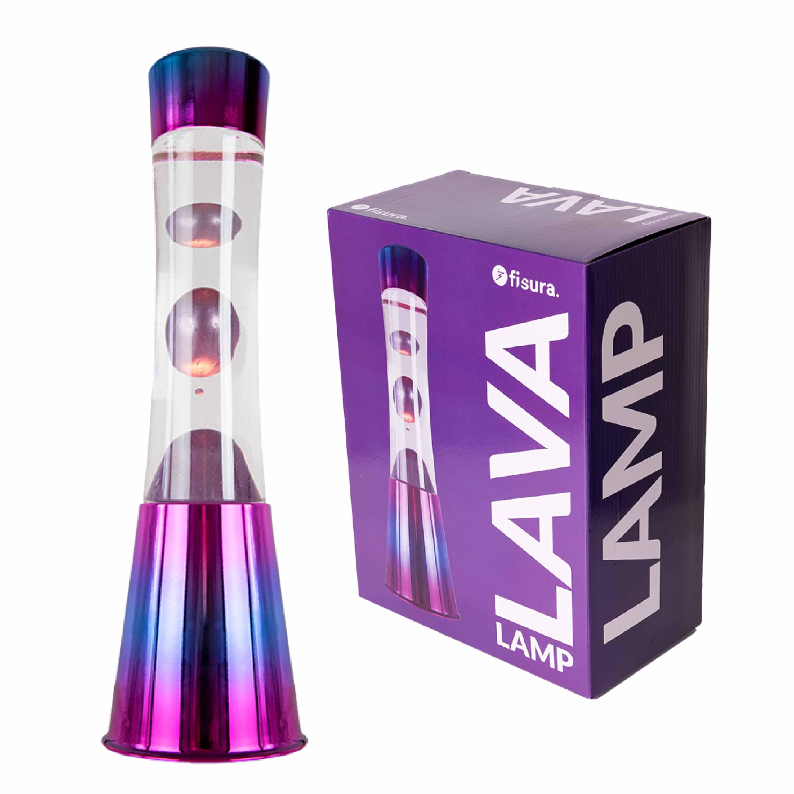 Fisura - Lámpara de lava iridiscente. Base iridiscente, líquido transparente y lava morado metálico. Lámpara efecto relajante. Con bombilla de repuesto. 11 cm x 11cm x 39,5 cm.