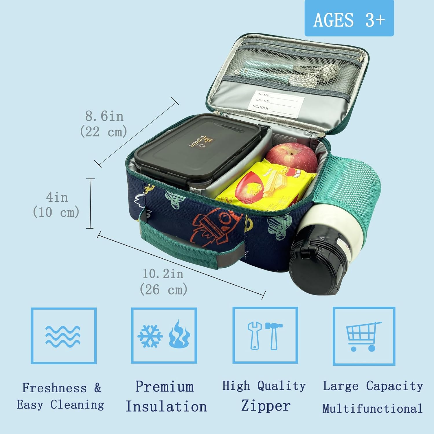 Kulle Space Lunch Box for Kids, Insulated Lunch Bag for Boys, Large Capacity Thermal Tote for School, Office, Daycare - Rocket Design, Washable & Leakproof