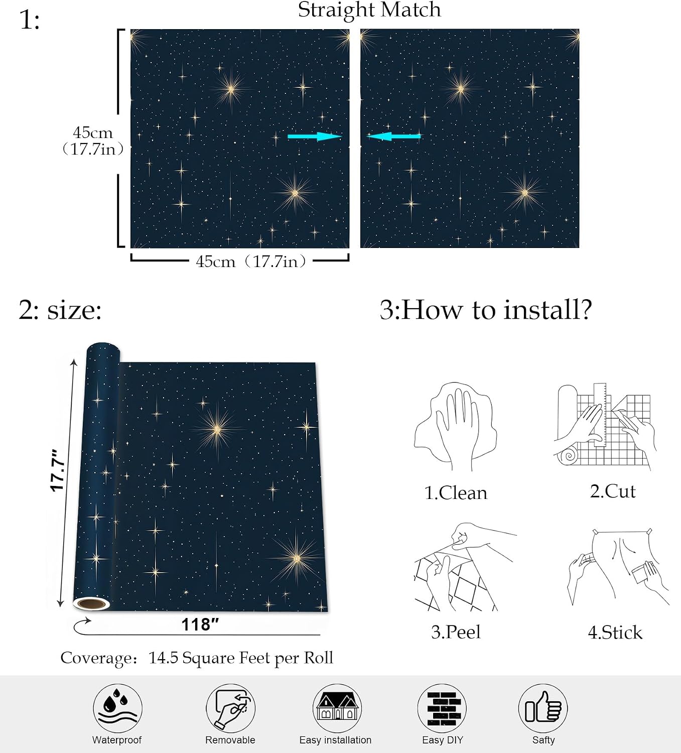 Celestial Star Peel and Stick Wallpaper, Night Sky Self-Adhesive Vinyl Wallpaper for Home Decor – 17.7" x 118"