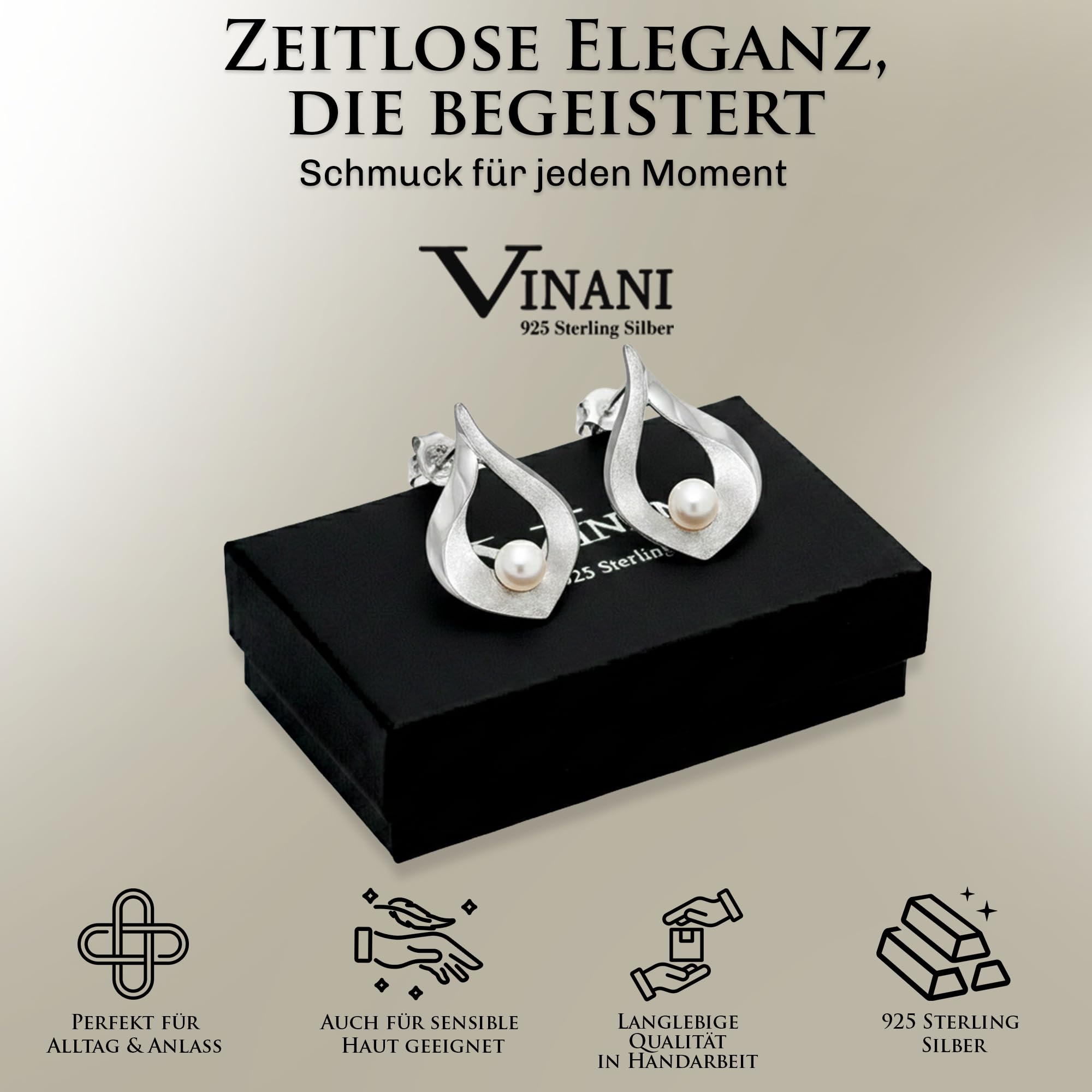 Vinani Damen Ohrstecker 925 Silber - Oval gebürstet glänzend Perle - Ohrringe aus 925 Sterling Silber für Frauen - OFMP