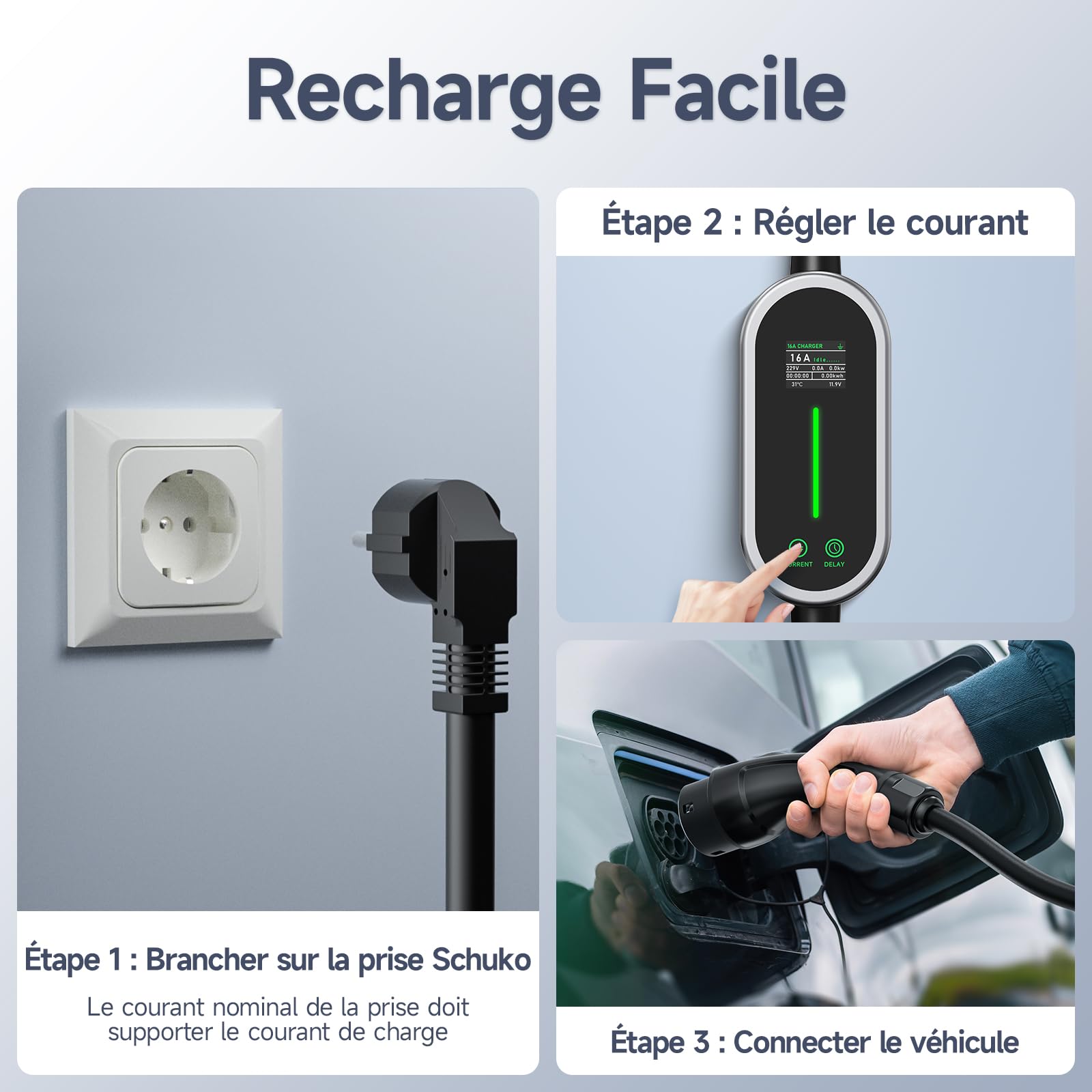 Chargeur Voiture Electrique 3,6kW 8m, 6-16A Cable Type 2 | Portabilité Cable Recharge Voiture Electrique avec Affichage LED et Sac, Compatible avec EV/PHEV IEC 62196-2