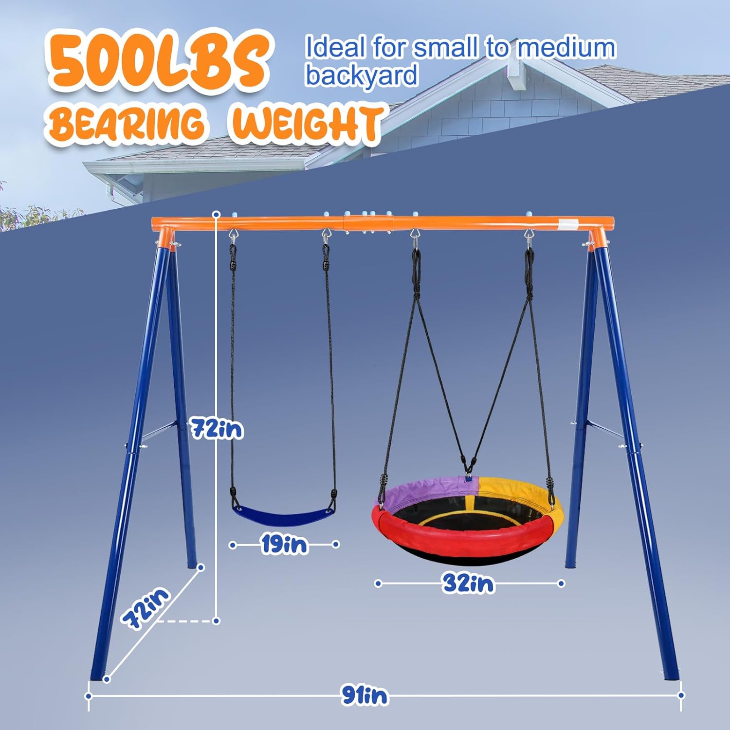 500lbs Heavy Duty Metal Swing Sets for Backyard, 2-in-1 Outdoor A-Frame with 32" Saucer Swing & 19" Belt Swing, Kids Swings Set with Stand