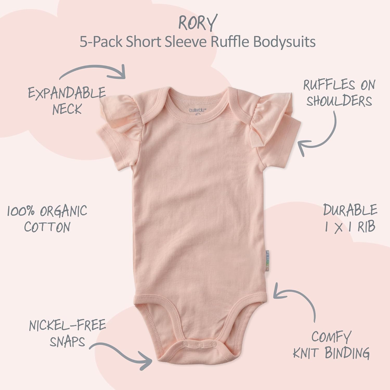 baby-girls Rory 5-pack Short Sleeve Ruffle Shoulder Bodysuits 100% Organic Cotton for Baby Girls - Image 2