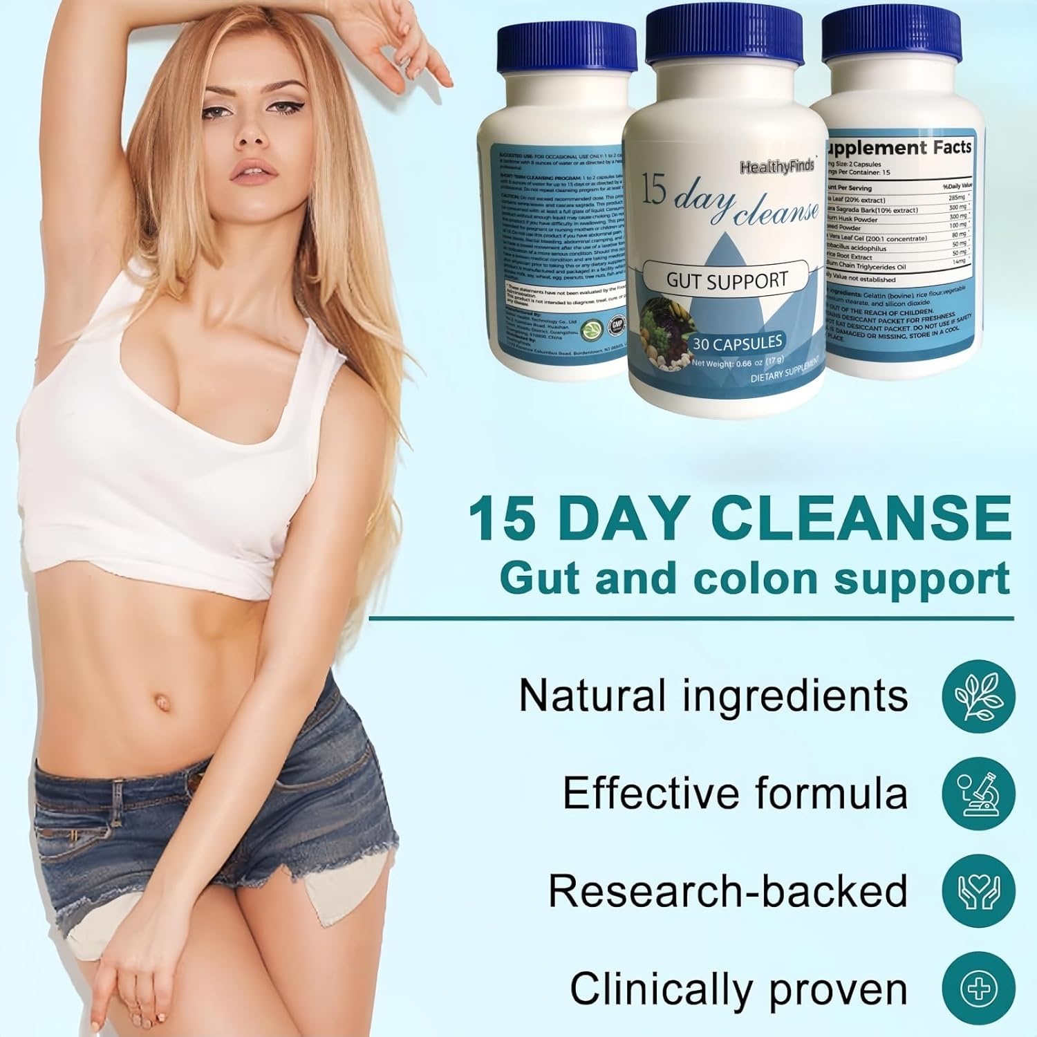 15 Day Cleanse, Gut and Colon Support, Advanced 15 Day Gut Cleanse Detox for Women & Men with Senna, Cascara Sagrada & Psyllium Husk, Non-GMO (30 Capsules) - Image 3