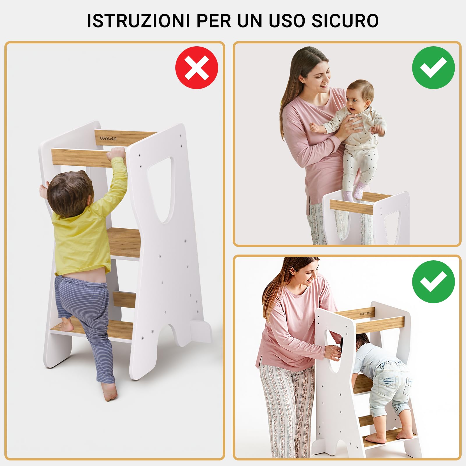 COSYLAND Torre Montessoriana Bambini Legno Naturale 3 Altezze Regolabili Bianco e Naturale