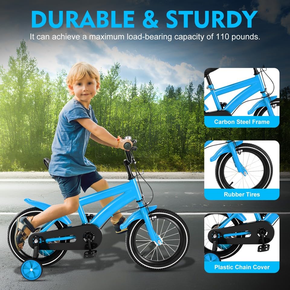 MccoMMon Vélo pour enfant de 14 pouces à partir de 4 ans, vélo pour garçon et fille, avec roues d'entraînement, freins à rétropédalage, roues supplémentaires réglables en hauteur, double système de